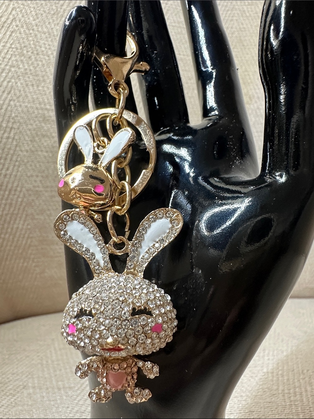 Gold-Tone Crystal Bunny Keychain Charm - White & Pink Accents